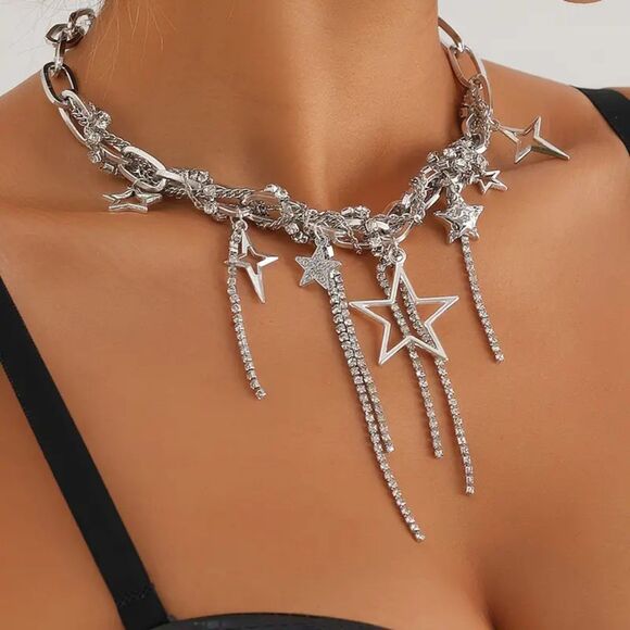 Party Festival Rave Punk Silver Star Dangle Chain Necklace with Tassel - Picture 4 of 7